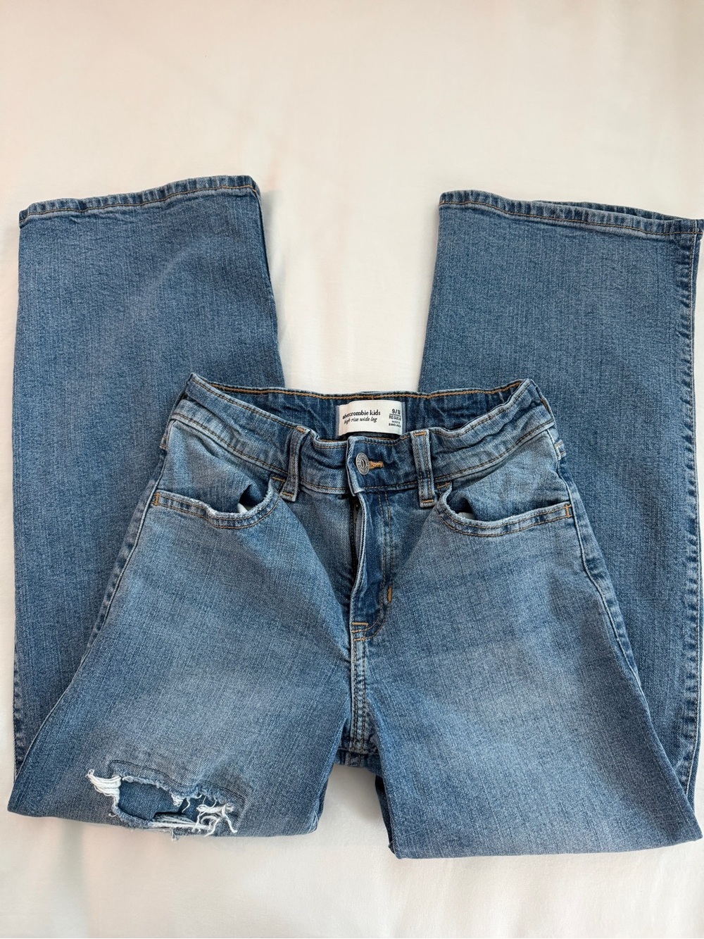 abercrombie kids Light Blue Straight-Leg Jeans with Knee Rip